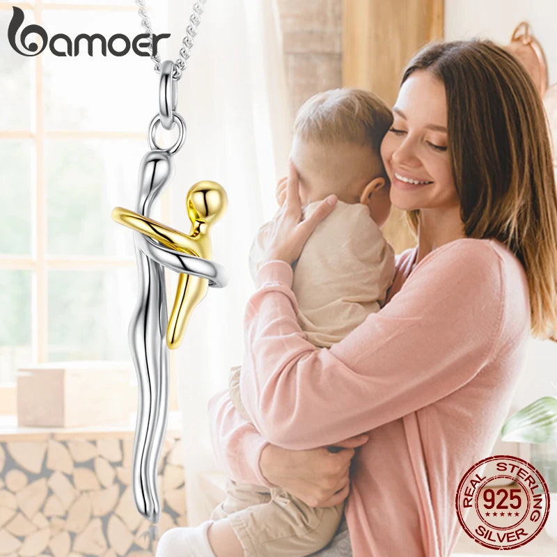 BAMOER 925 Sterling Silver Two-tones Hug Necklace, Detachable Mother and Child Pendant for Family Special DIY Love Jewelry