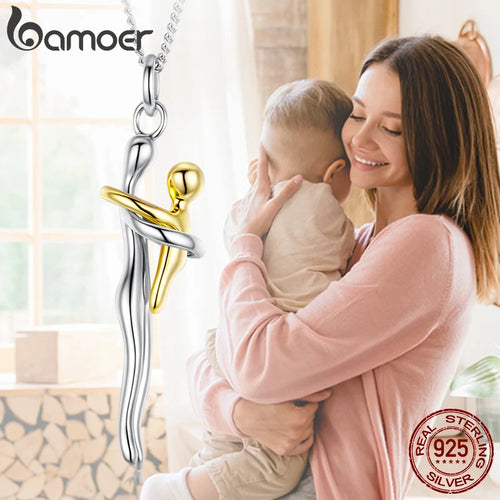 BAMOER 925 Sterling Silver Two-tones Hug Necklace, Detachable Mother and Child Pendant for Family Special DIY Love Jewelry