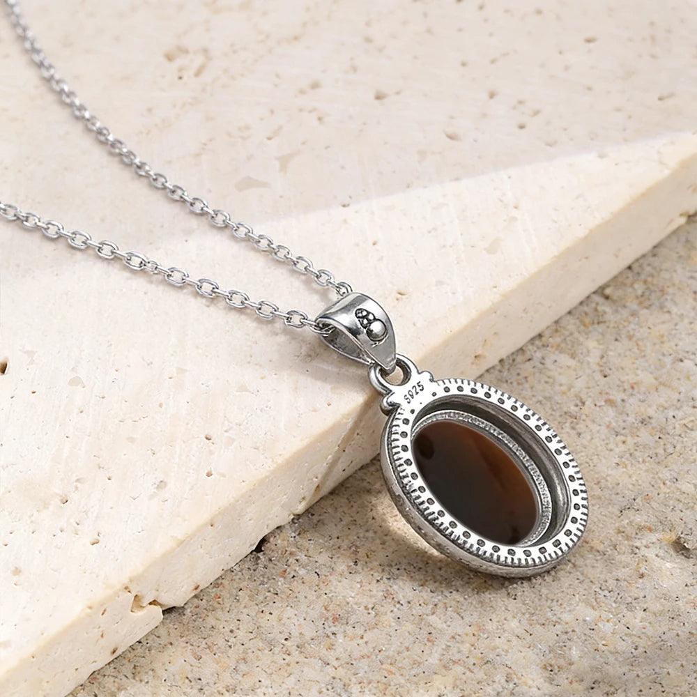 Vintage Tiger Eye Pendant 925 Sterling Silver Natural Stones Necklace 10*12mm Oval Shape with Chain for Women Men