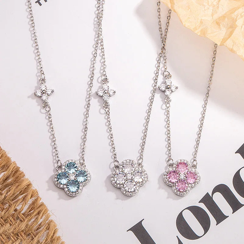 925 Sterling Silver Lucky Four-leaf Clover Pendant Necklace For Women Choker Chain Wedding Engagement Party Jewelry Gift