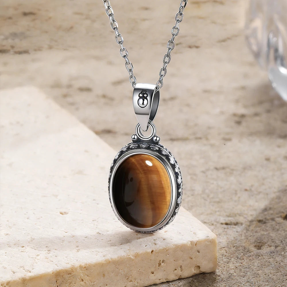 Vintage Tiger Eye Pendant 925 Sterling Silver Natural Stones Necklace 10*12mm Oval Shape with Chain for Women Men