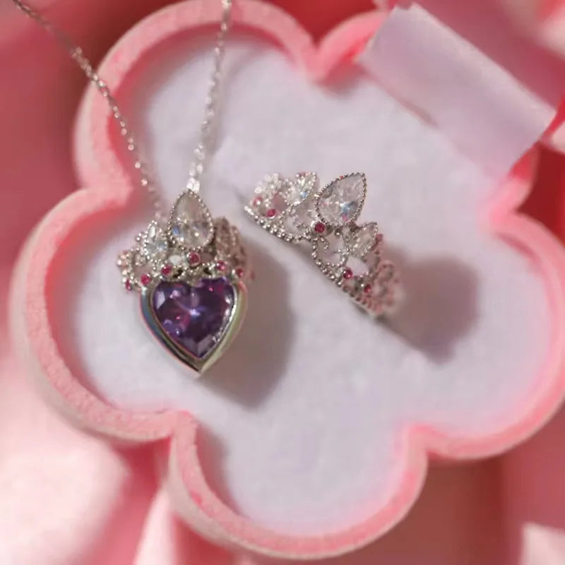 Rapunzel Heart Crystal Crown Necklace Exquisite Inlay Colorful Zircon Retro Princess Pendant Movie Same Cosplay Jewelry