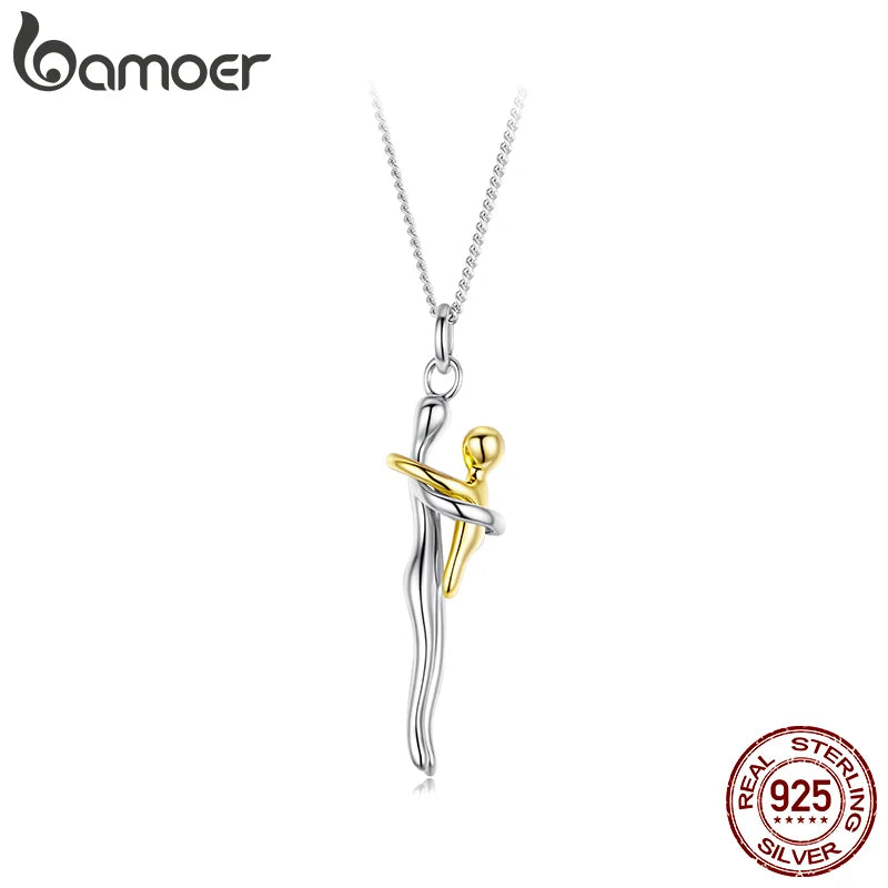 BAMOER 925 Sterling Silver Two-tones Hug Necklace, Detachable Mother and Child Pendant for Family Special DIY Love Jewelry