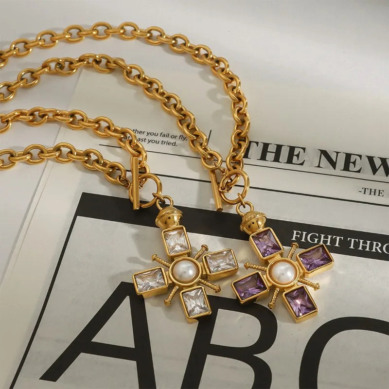 Vintage Stainless Steel Cross Necklace for Women Gothic Y2K Religious Jewelry Gift with Zircon Pendant Layered Chain Collar