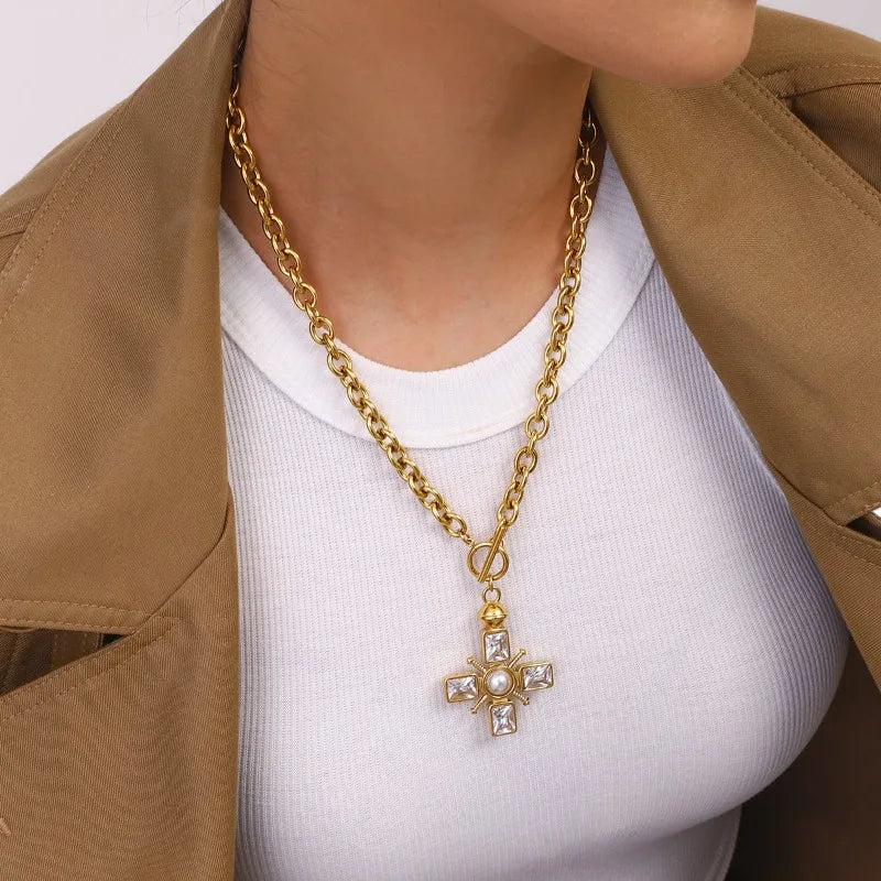 Vintage Stainless Steel Cross Necklace for Women Gothic Y2K Religious Jewelry Gift with Zircon Pendant Layered Chain Collar