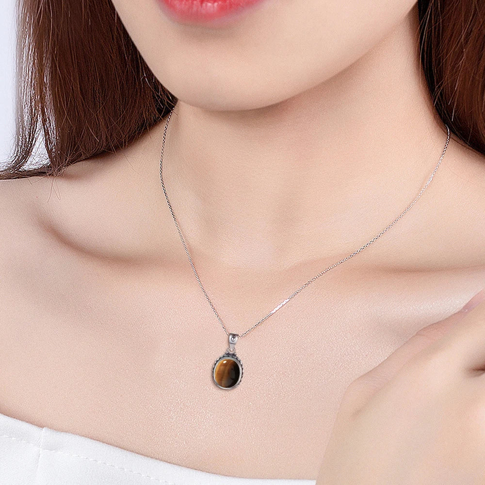 Vintage Tiger Eye Pendant 925 Sterling Silver Natural Stones Necklace 10*12mm Oval Shape with Chain for Women Men